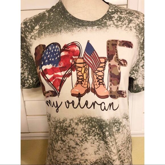 Love My Veteran Sublimated Bleach Dye Handmade Graphic Tee - Picture 1 of 5